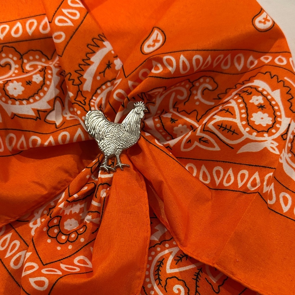 Orange Bandana with Silver Rooster bandana ring